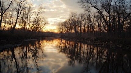 A calm river at sunset with colorful sky reflecting softly on the smooth water surface.

