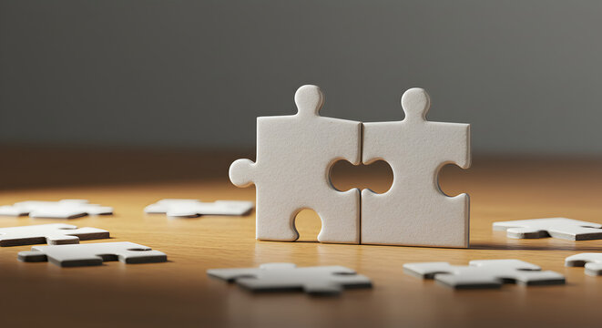 Interlocking Puzzle Pieces on Wooden Table In Spotlight Showing Connection