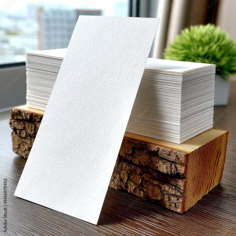 Poster minimalist stationery display: a stack of white textured paper on a rustic wood block, emphasizing t