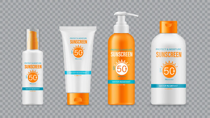Sunscreen cosmetic products 3d vector packaging mockups. Set of realistic product bottles with spf 50 plus and water resistant cream labels. Pump, squeeze, flip top containers for skincare protection