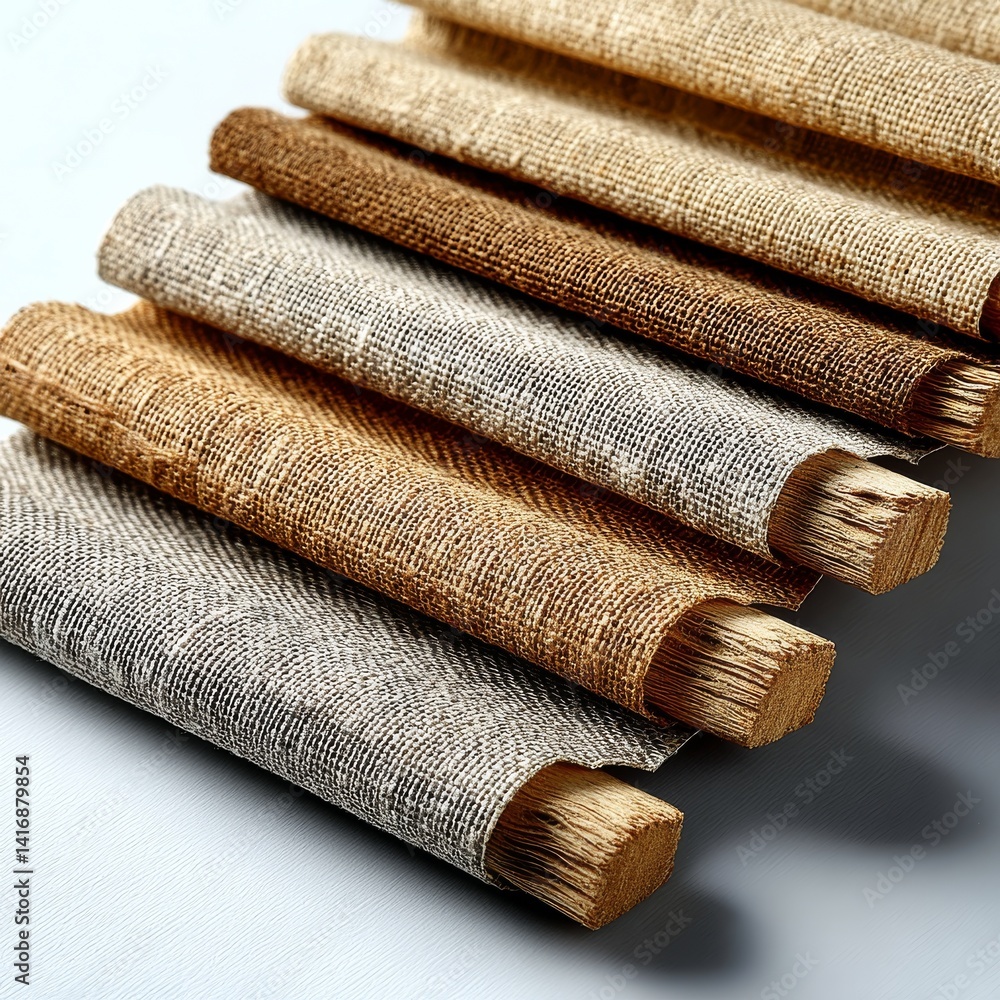 Poster samples of natural fabrics rolled on wooden base showing different colors and textures for interior 