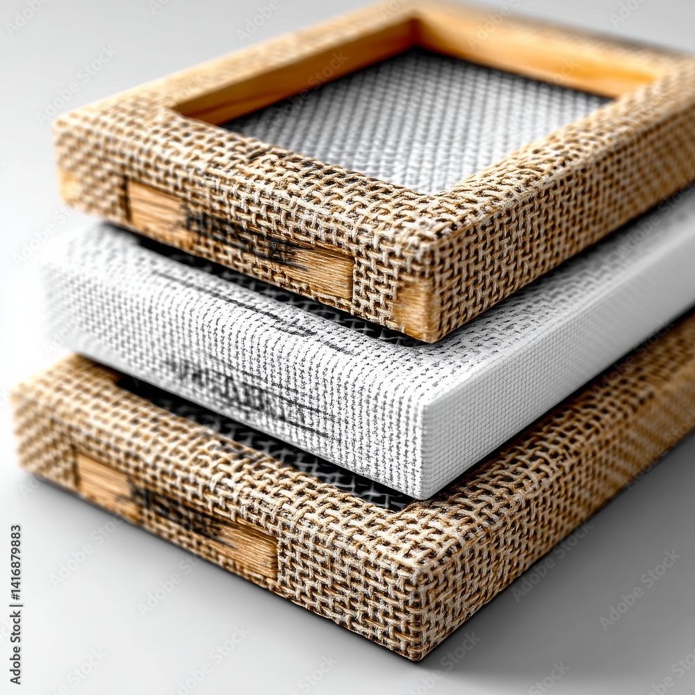 Poster stacked textural frames: a close-up view of burlap, wood, and canvas textures