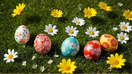 Festive Easter Eggs Adorned with Floral Patterns Nestled Among Blossoming Daisies and Sunny Yellow Blooms on a Green Lawn.