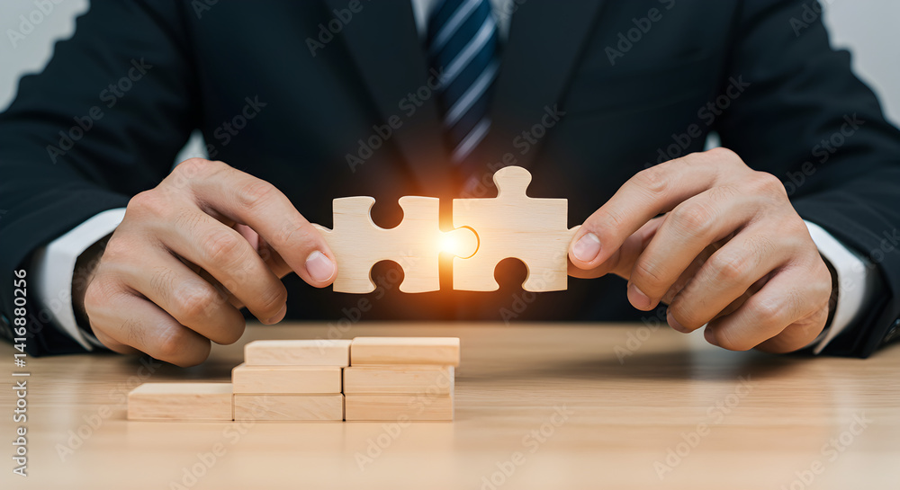 Poster hands assembling wooden jigsaw puzzle on desk with warm light symbolizing teamwork connection and st