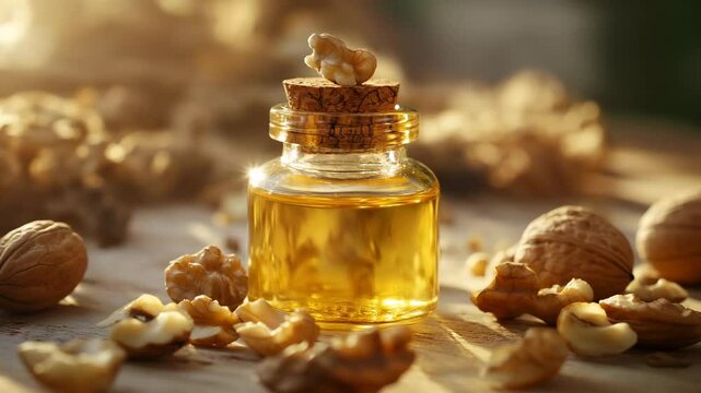 A jar of nut oil sits on a table with a pile of walnuts. The jar is half full and the walnuts are scattered around it. Concept of abundance and indulgence, as the jar of oil