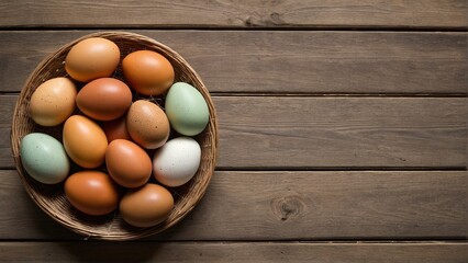 A Woven Basket of Colorful Chicken Eggs on Rustic Wooden Background - A Study in Natural Texture and Hue.