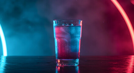 Simple glass of clear liquid (water or spirit) with ice, reflecting dramatic blue and red neon light smoke or mist. Mysterious, moody bar concept background.