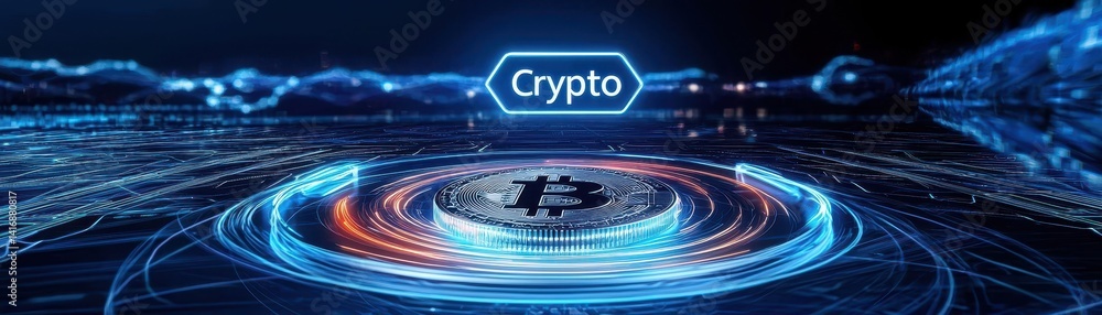 Poster a futuristic representation of cryptocurrency, featuring a central bitcoin symbol surrounded by glow