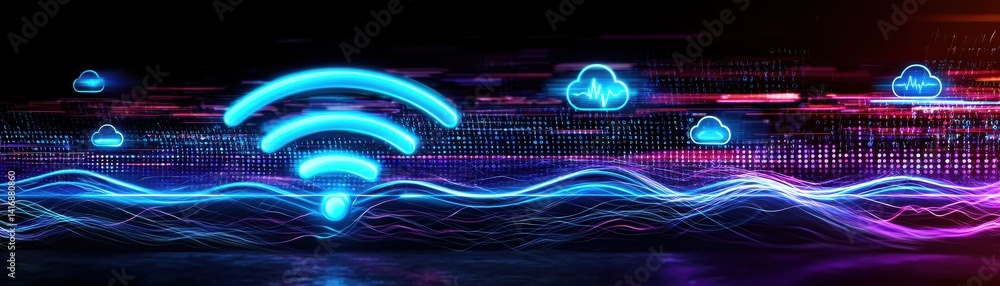 Poster a vibrant digital image showcasing wi-fi signals, cloud symbols, and data streams, representing conn