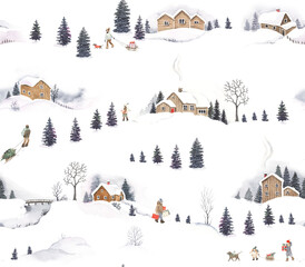 Winter seamless forest landscape with cottages, christmas trees, peoples and dogs. Watercolor Christmas pattern for textile, wrapping paper or background, hand drawn winter ornament.