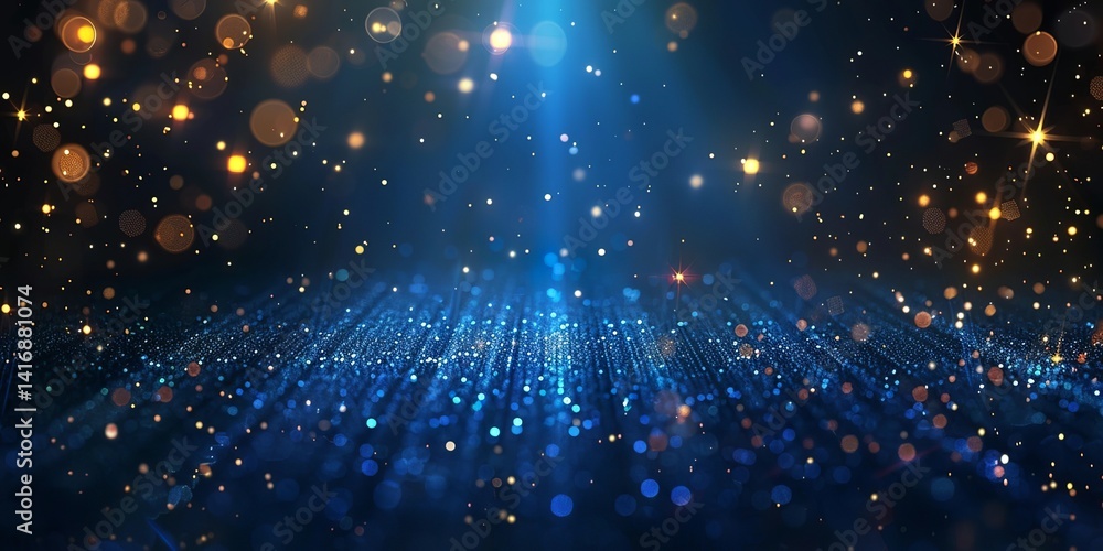 Poster dark blue background with glowing particles, bokeh, and light rays. abstract glitter design for
