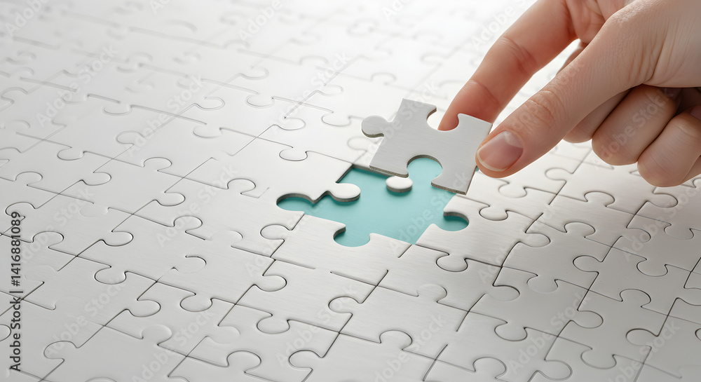 Poster hand placing white puzzle piece on a jigsaw puzzle with blue background representing problem solving