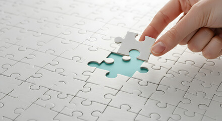 Hand Placing White Puzzle Piece on a Jigsaw Puzzle with Blue Background Representing Problem Solving and Teamwork Strategy