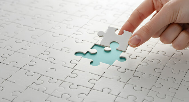 Hand Placing White Puzzle Piece on a Jigsaw Puzzle with Blue Background Representing Problem Solving and Teamwork Strategy