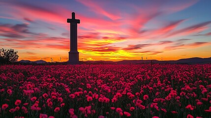 Silhouette cross monument against a vibrant sunset over a field of crimson flowers.