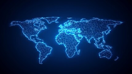Digital World Map with Glowing Connectivity, Digital world map with glowing blue lines and hexagonal patterns on a dark background