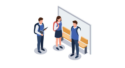 Obraz premium Three students standing and talking near a bench in isometric flat design with backpacks vector illustration
