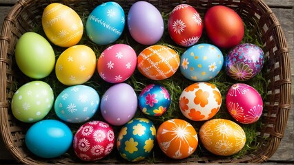 A Colorful Collection: Beautifully Decorated Easter Eggs Nestled in a Woven Basket, Evoking the Joy and Traditions of Spring Celebrations
