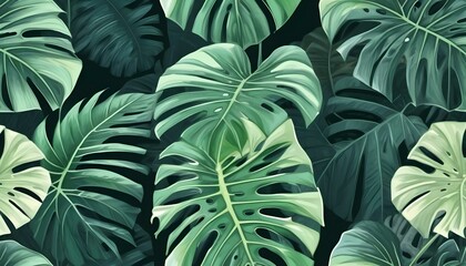 Vibrant monstera leaves create a dense, seamless pattern, perfect for tropical designs and wallpapers.