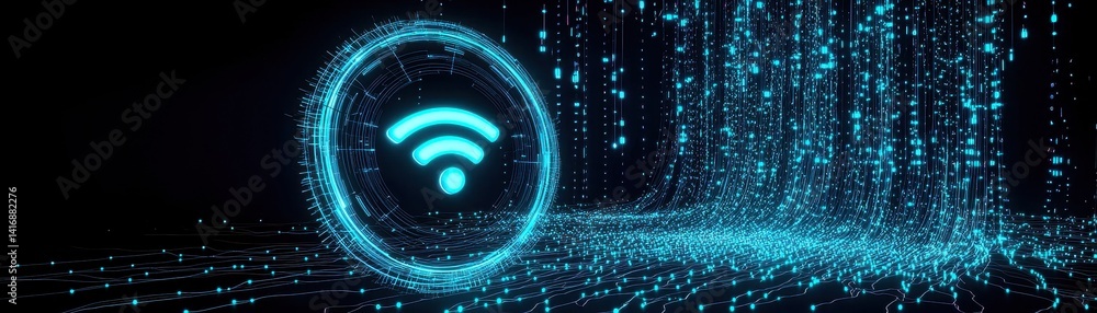 Poster a glowing wi-fi symbol surrounded by flowing digital data, representing connectivity and technology 