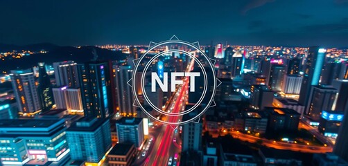 Vibrant wide-angle cityscape at night, streaming video icon overlay, NFT badge, texture, visuals