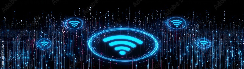 Aufkleber a digital representation of wi-fi signals, featuring glowing blue icons and a backdrop of cascading 