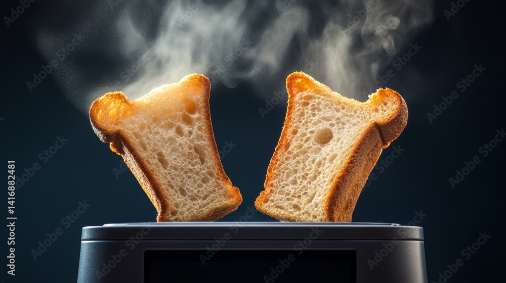 Poster two slices of toast are toasted in a toaster. the toast is toasted to a golden brown color