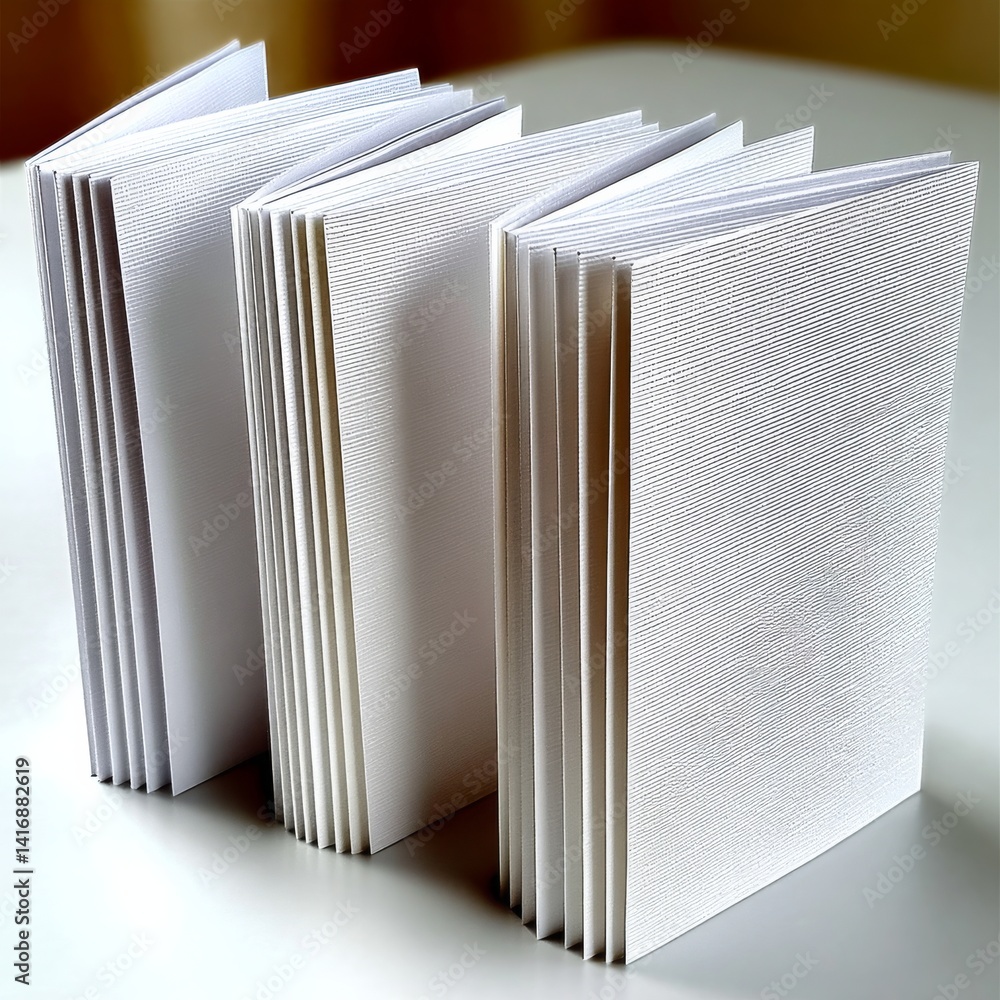 Poster Three Open Blank Books with Textured Covers, Ready for Notes and Stories, in a Clean and Minimalistic Style.