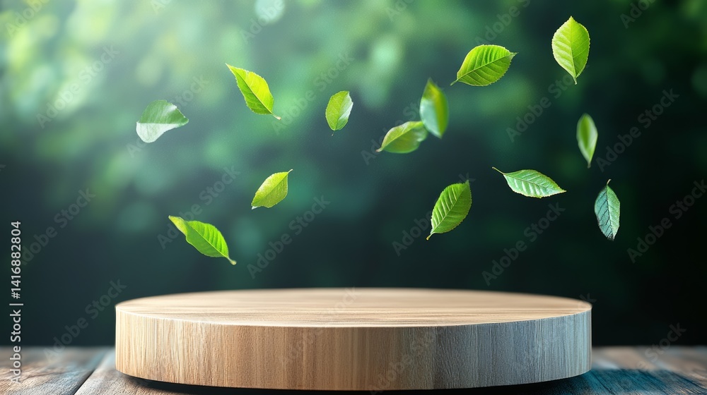 Aufkleber wooden round table with leaves scattered around it. the leaves are falling from the table and the ta