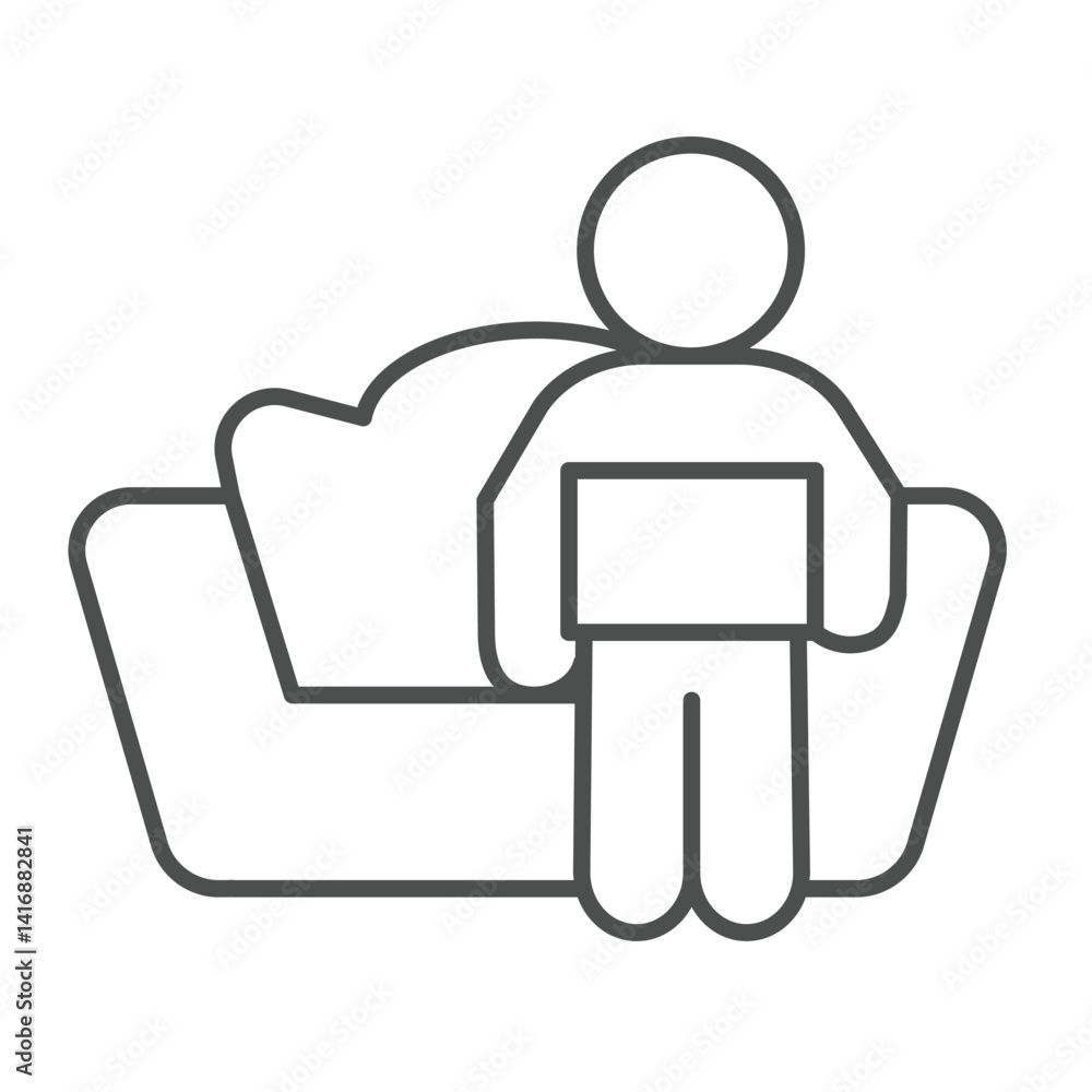 Poster man with laptop on sofa thin line icon, remote work concept. vector graphics. person sitting on couc