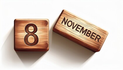 Illustration of wooden blocks with date 8 November. Day and month, simple calendar