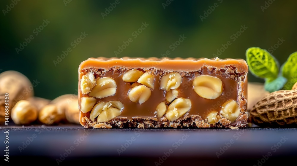 Aufkleber piece of chocolate with nuts in it is cut open. the nuts are scattered around the chocolate, and the