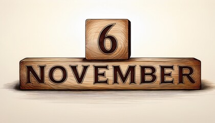 Illustration of wooden blocks with date 6 November. Day and month, simple calendar