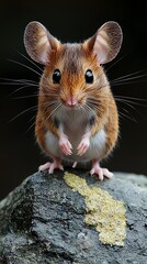 Adorable brown mouse perched atop a dark stone.