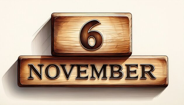 Illustration of wooden blocks with date 6 November. Day and month, simple calendar