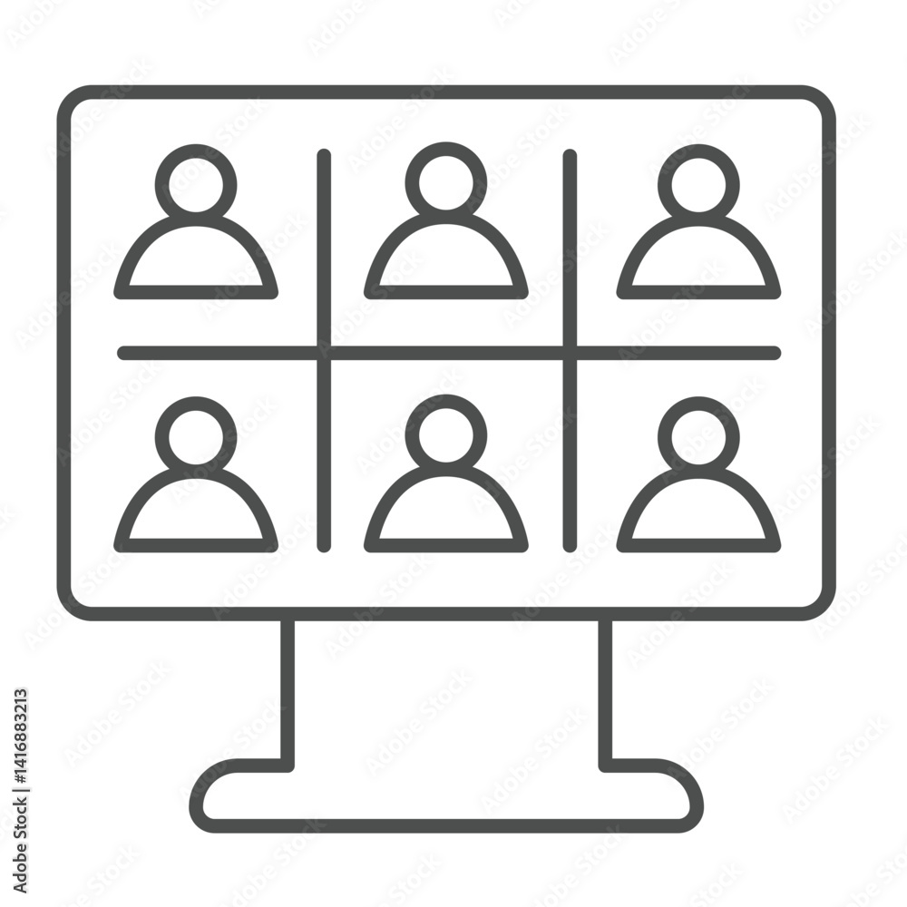 Poster monitor screen with team conference thin line icon, remote work concept. vector graphics. display of