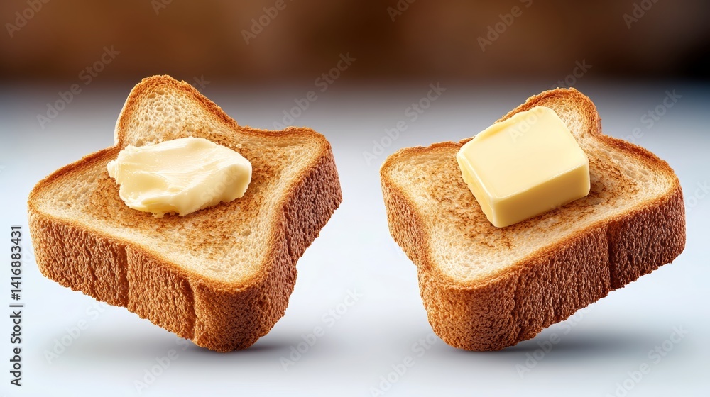 Poster two slices of toast with butter on top. one slice has a larger amount of butter than the other
