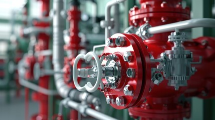 Complex industrial valve system with red components and precise engineering