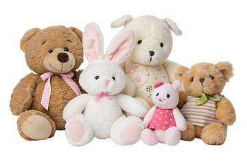 A collection of soft plush toys including teddy bears, rabbits, and cute animals, isolated on transparent background. Perfect for children's product designs, educational visuals, or nursery decoration
