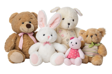 A collection of soft plush toys including teddy bears, rabbits, and cute animals, isolated on transparent background. Perfect for children's product designs, educational visuals, or nursery decoration