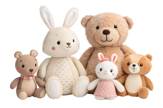 A collection of soft plush toys including teddy bears, rabbits, and cute animals, isolated on transparent background. Perfect for children's product designs, educational visuals, or nursery decoration