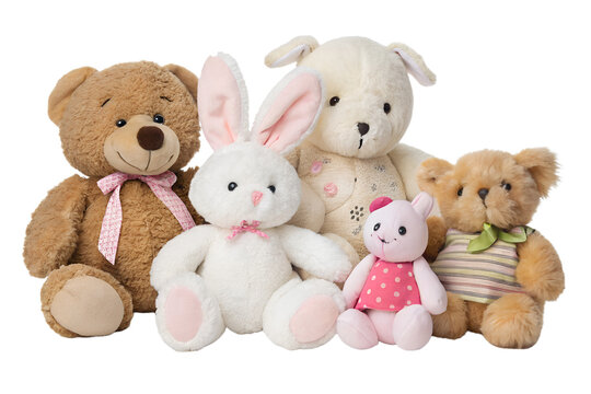 A collection of soft plush toys including teddy bears, rabbits, and cute animals, isolated on transparent background. Perfect for children's product designs, educational visuals, or nursery decoration