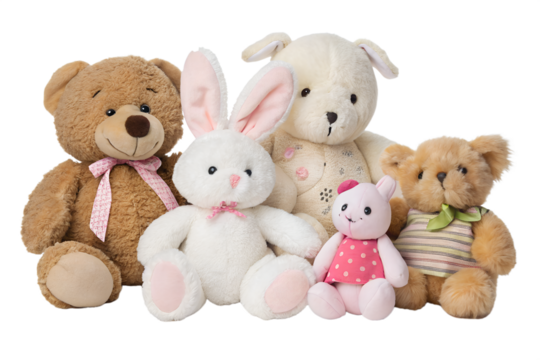 A collection of soft plush toys including teddy bears, rabbits, and cute animals, isolated on transparent background. Perfect for children's product designs, educational visuals, or nursery decoration