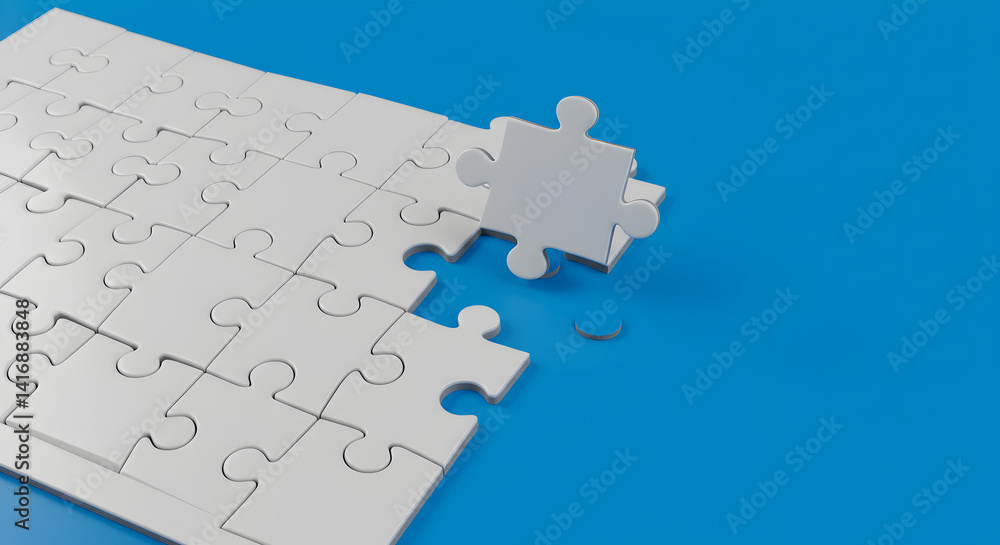 Poster elegant white puzzle with a single piece separated over light blue background with sharp focus