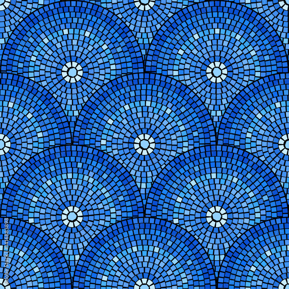 Poster Blue abstract mosaic seamless pattern. Fragments of a circle laid out from tiles trencadis. Vector tile background.