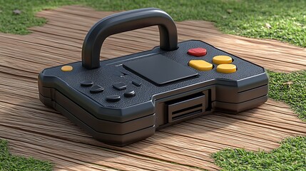 Portable retro-style game controller rests on wooden planks.