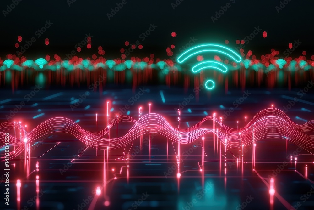Poster a vibrant digital representation of wi-fi signals and data waves, showcasing a technology theme with