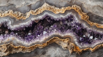 Fototapeta premium Geode texture with shimmering amethyst crystals. The vibrant purple crystals sparkle against the rough, rocky outer shell in hues of gray and brown.