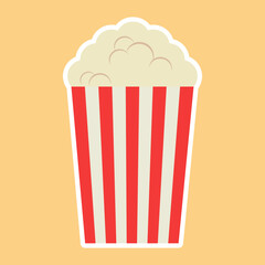Popcorn icon on yellow background. Cartoon flat vector illustration.