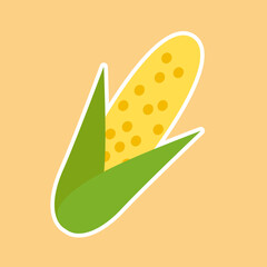 Corn icon or sticker. Vector symbol of holiday and festival. Cartoon drawing of corn for fabric printing.